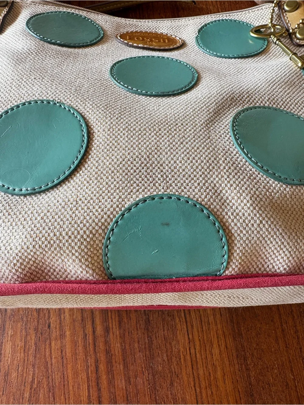 Fossil Cream Canvas Crossbody with Teal Polka Dots and Pink Trim - Picture 4 of 8